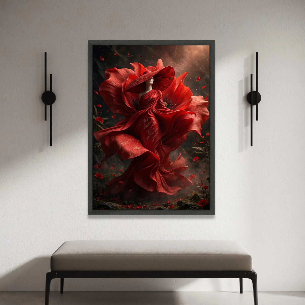 Elegant Woman Red Floral Dress Canvas, Poppy Flower Art, Fantasy Fashion Wall Art, Dramatic Portrait Canvas, Unique Home Canvas Print Art