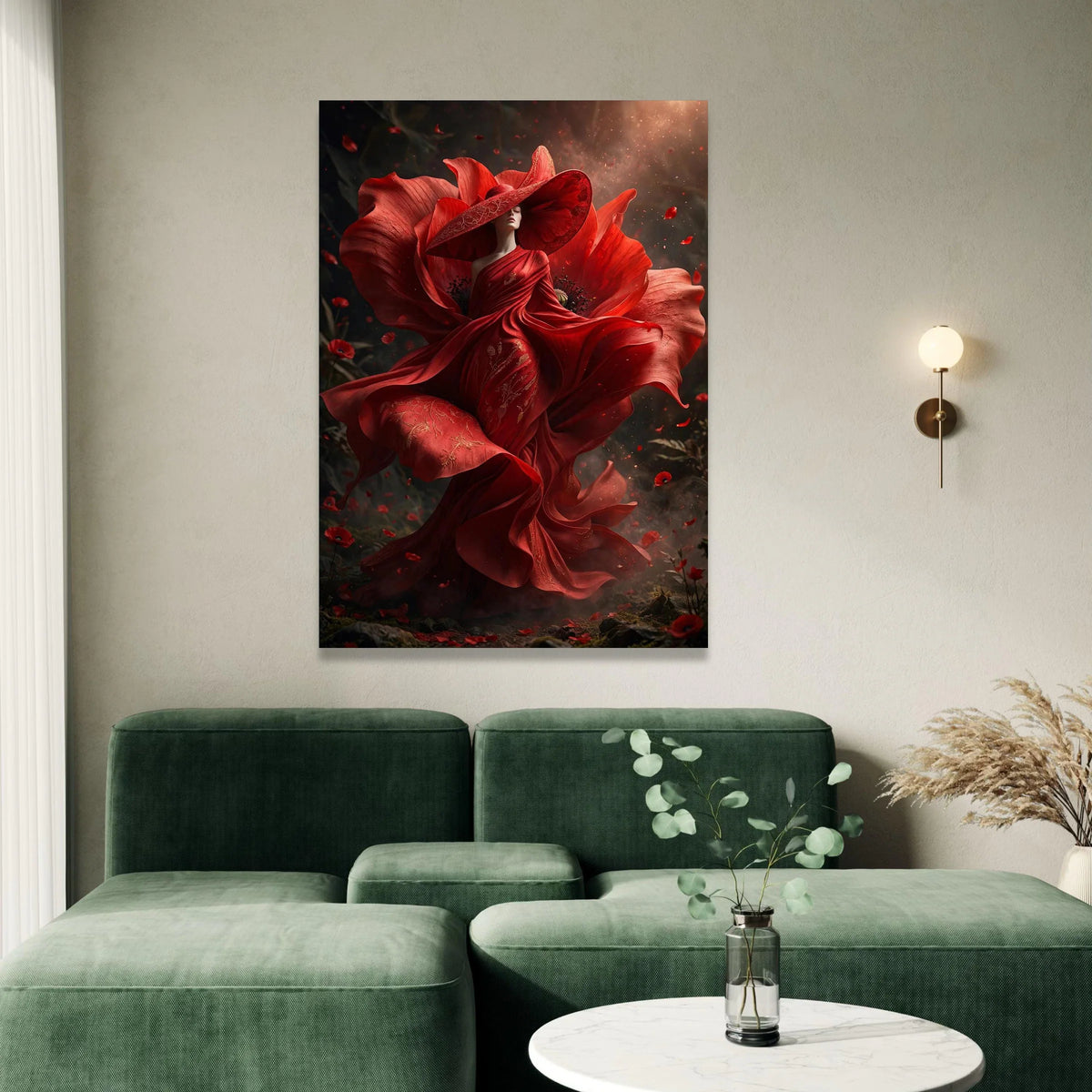 Elegant Woman Red Floral Dress Canvas, Poppy Flower Art, Fantasy Fashion Wall Art, Dramatic Portrait Canvas, Unique Home Canvas Print Art