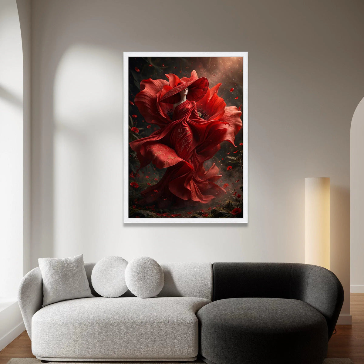 Elegant Woman Red Floral Dress Canvas, Poppy Flower Art, Fantasy Fashion Wall Art, Dramatic Portrait Canvas, Unique Home Canvas Print Art