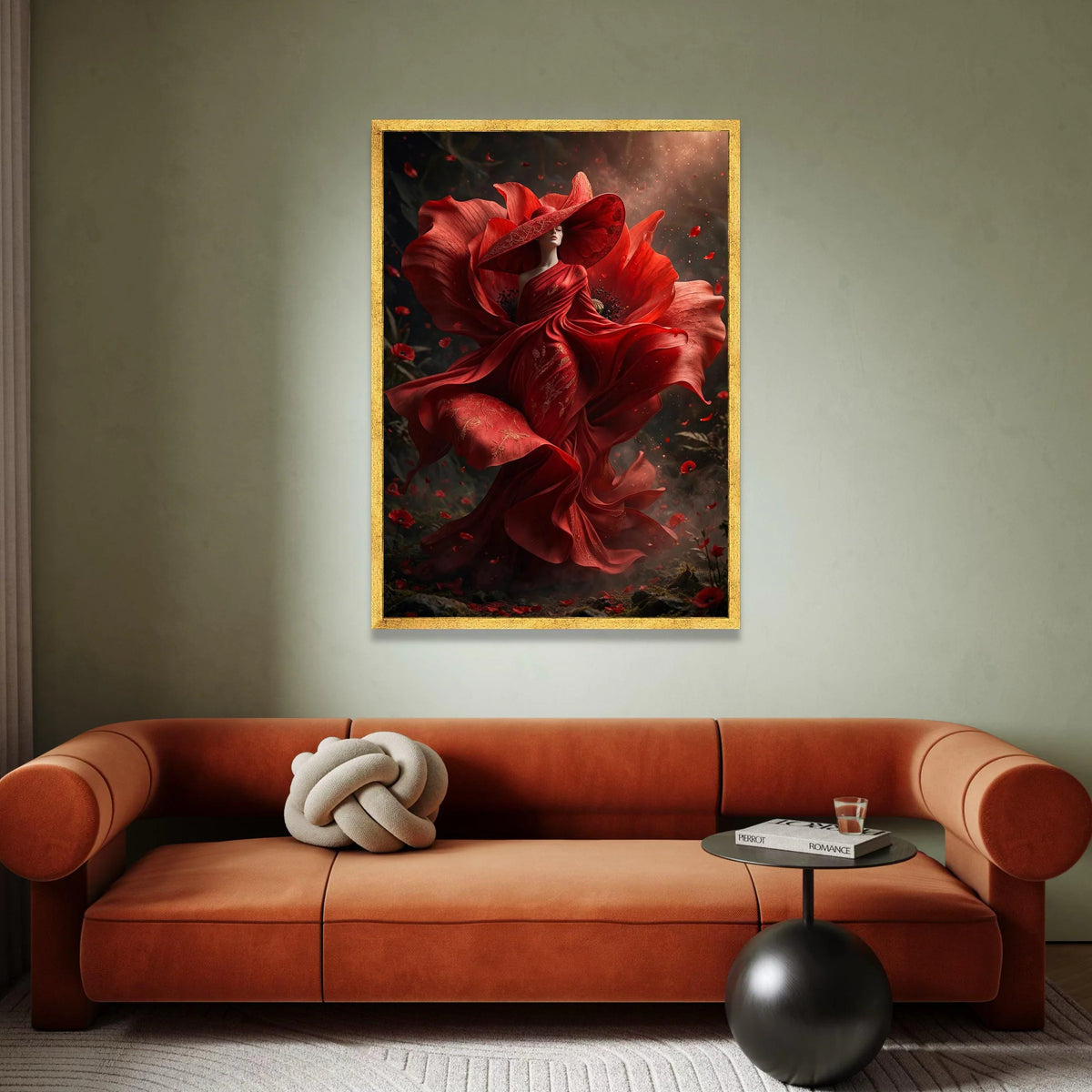 Elegant Woman Red Floral Dress Canvas, Poppy Flower Art, Fantasy Fashion Wall Art, Dramatic Portrait Canvas, Unique Home Canvas Print Art