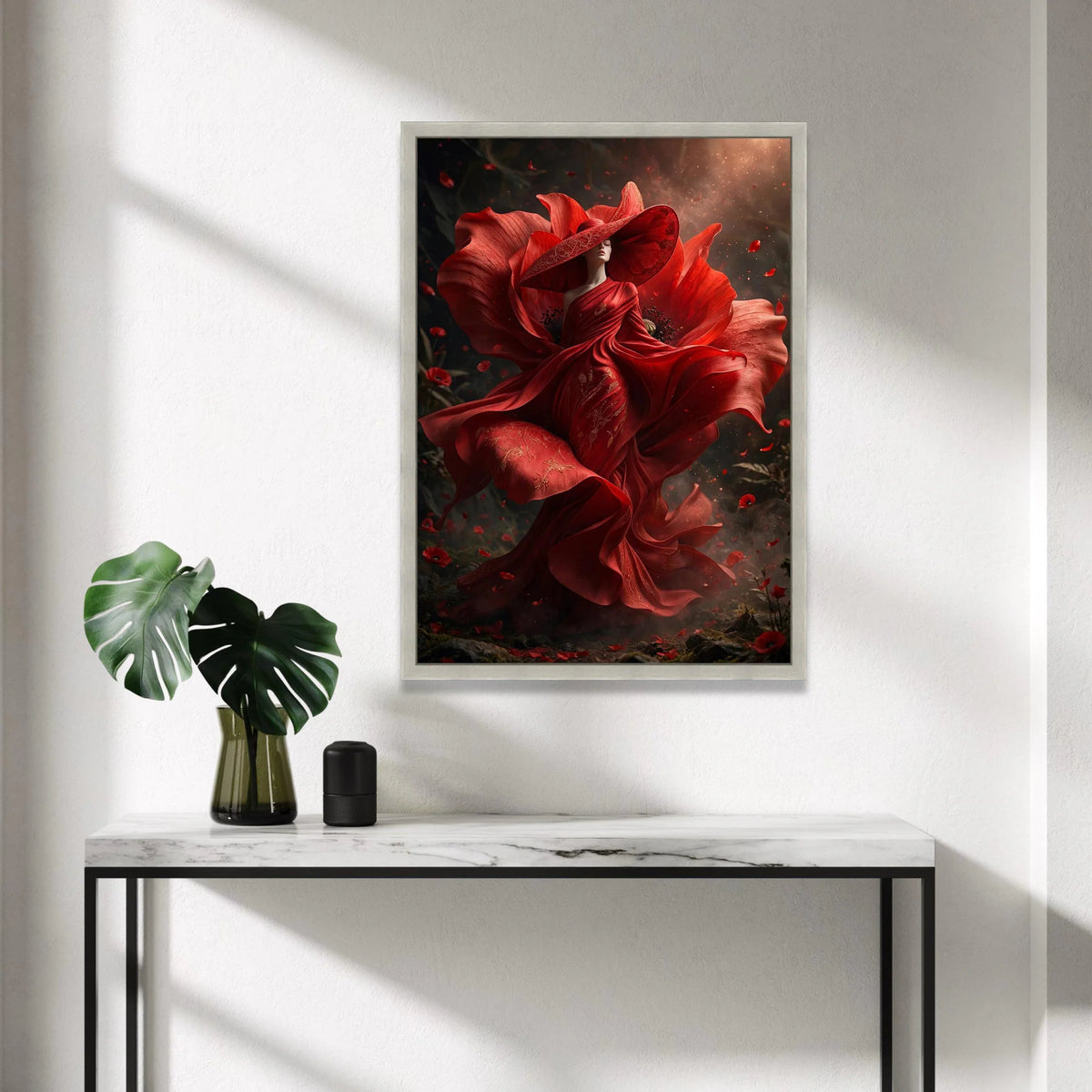 Elegant Woman Red Floral Dress Canvas, Poppy Flower Art, Fantasy Fashion Wall Art, Dramatic Portrait Canvas, Unique Home Canvas Print Art