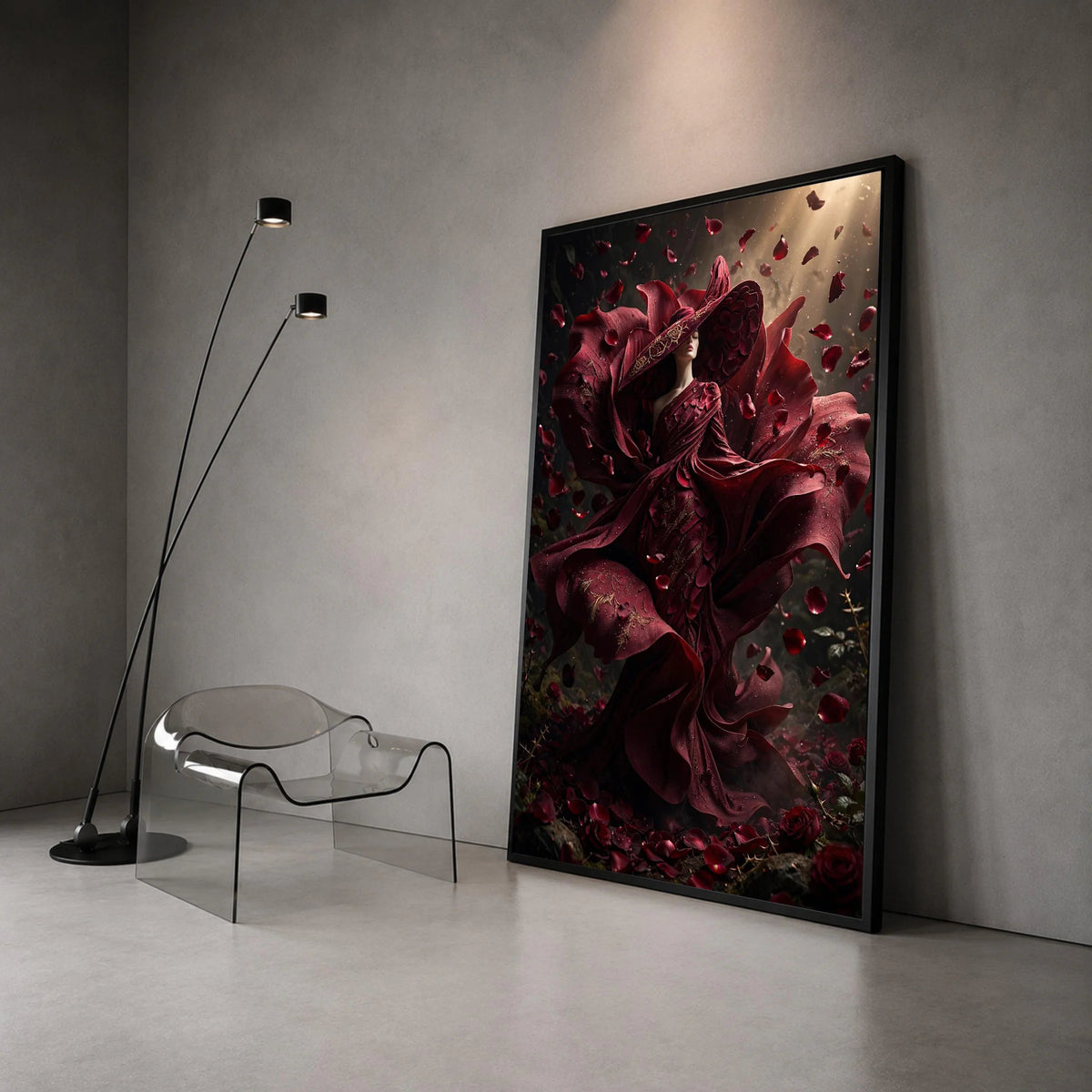 Elegant Woman Red Rose Dress Canvas, Floral Fashion Art, Romantic Petals Wall Art, Dramatic Home Decoration, Bold Canvas Canvas Print Art