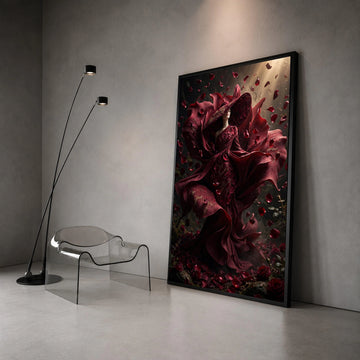 Elegant Woman Red Rose Dress Canvas, Floral Fashion Art, Romantic Petals Wall Art, Dramatic Home Decoration, Bold Canvas Canvas Print Art