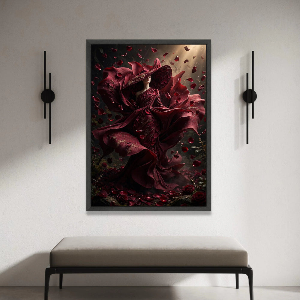 Elegant Woman Red Rose Dress Canvas, Floral Fashion Art, Romantic Petals Wall Art, Dramatic Home Decoration, Bold Canvas Canvas Print Art