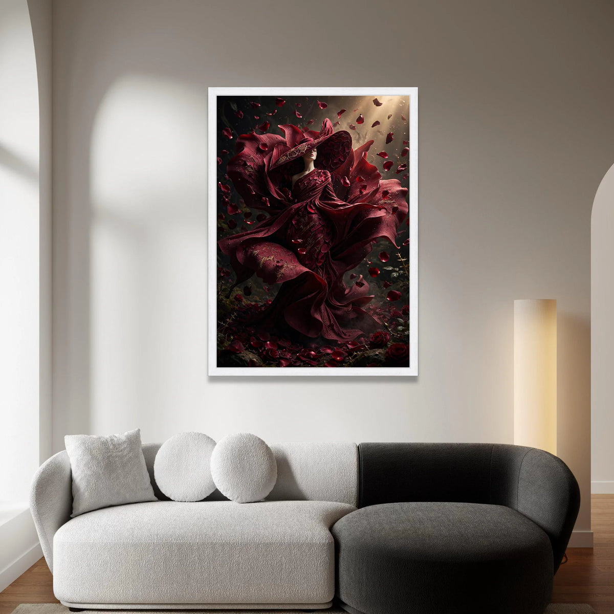 Elegant Woman Red Rose Dress Canvas, Floral Fashion Art, Romantic Petals Wall Art, Dramatic Home Decoration, Bold Canvas Canvas Print Art