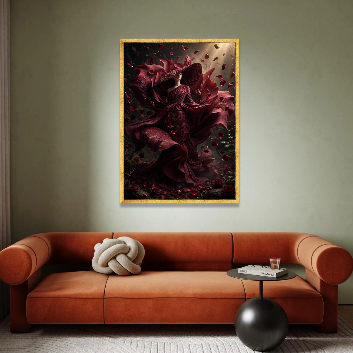 Elegant Woman Red Rose Dress Canvas, Floral Fashion Art, Romantic Petals Wall Art, Dramatic Home Decoration, Bold Canvas Canvas Print Art