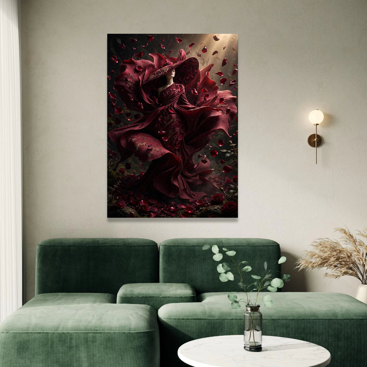 Elegant Woman Red Rose Dress Canvas, Floral Fashion Art, Romantic Petals Wall Art, Dramatic Home Decoration, Bold Canvas Canvas Print Art