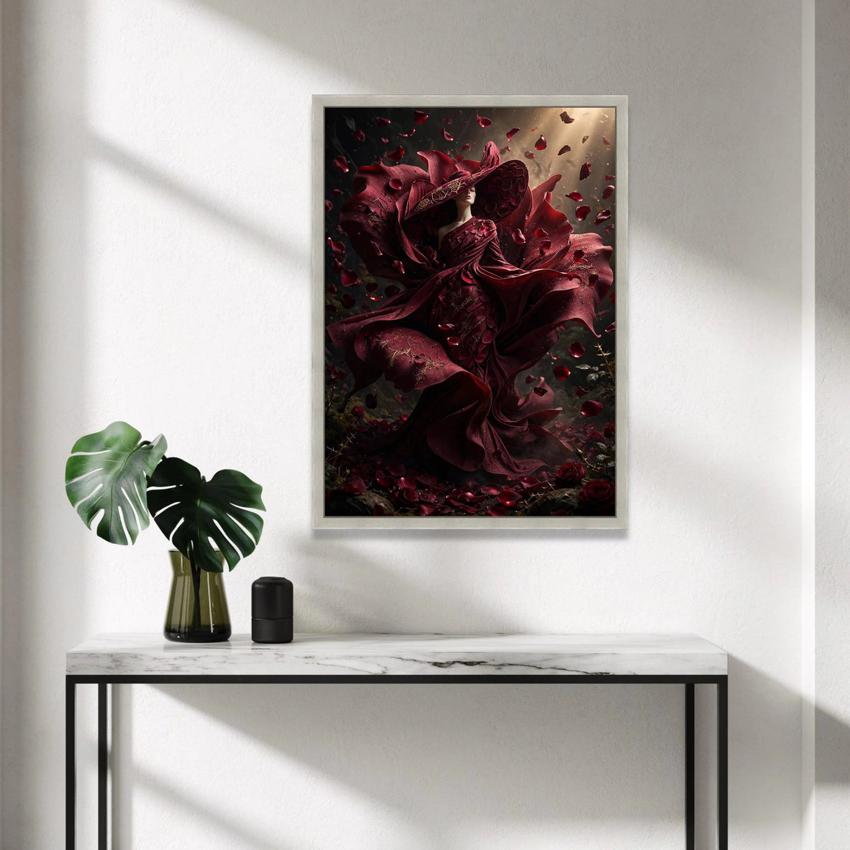 Elegant Woman Red Rose Dress Canvas, Floral Fashion Art, Romantic Petals Wall Art, Dramatic Home Decoration, Bold Canvas Canvas Print Art