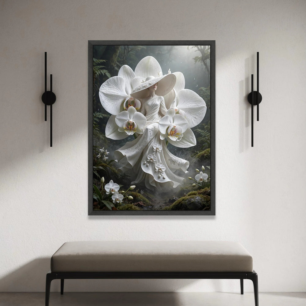 Elegant Woman White Orchid Dress Canvas Wall Art, Floral Fashion Illustration, Fantasy Garden Decor, Botanical Canvas Canvas Print Art