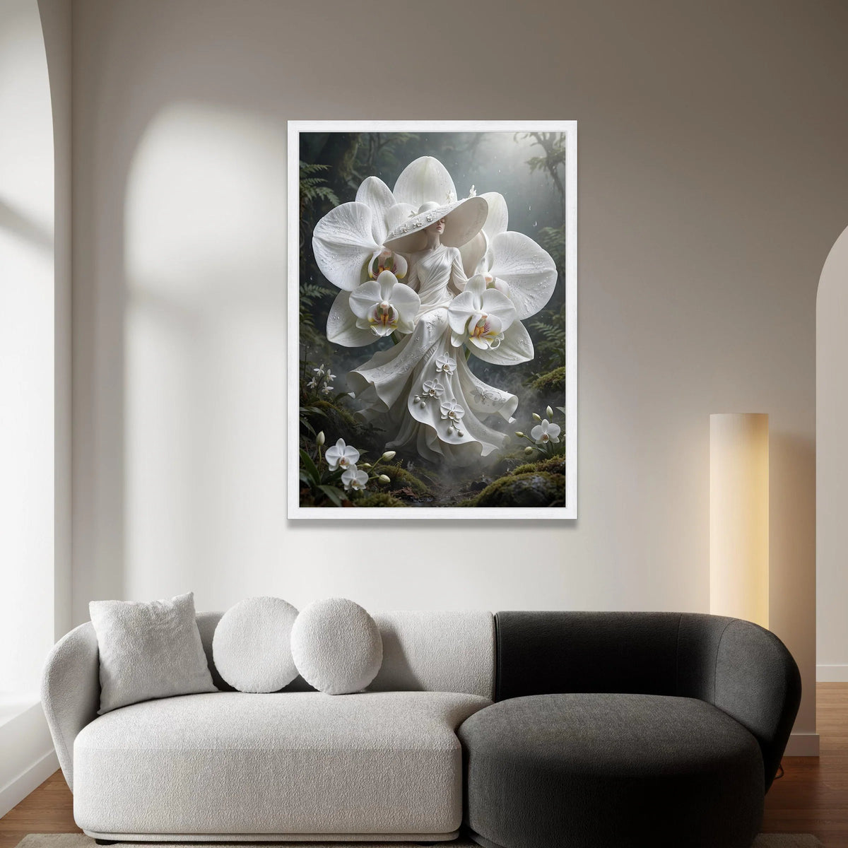 Elegant Woman White Orchid Dress Canvas Wall Art, Floral Fashion Illustration, Fantasy Garden Decor, Botanical Canvas Canvas Print Art