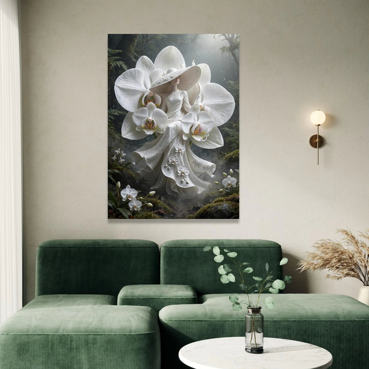 Elegant Woman White Orchid Dress Canvas Wall Art, Floral Fashion Illustration, Fantasy Garden Decor, Botanical Canvas Canvas Print Art