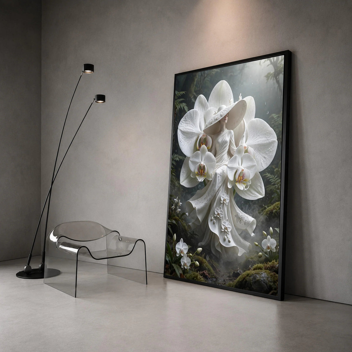 Elegant Woman White Orchid Dress Canvas Wall Art, Floral Fashion Illustration, Fantasy Garden Decor, Botanical Canvas Canvas Print Art