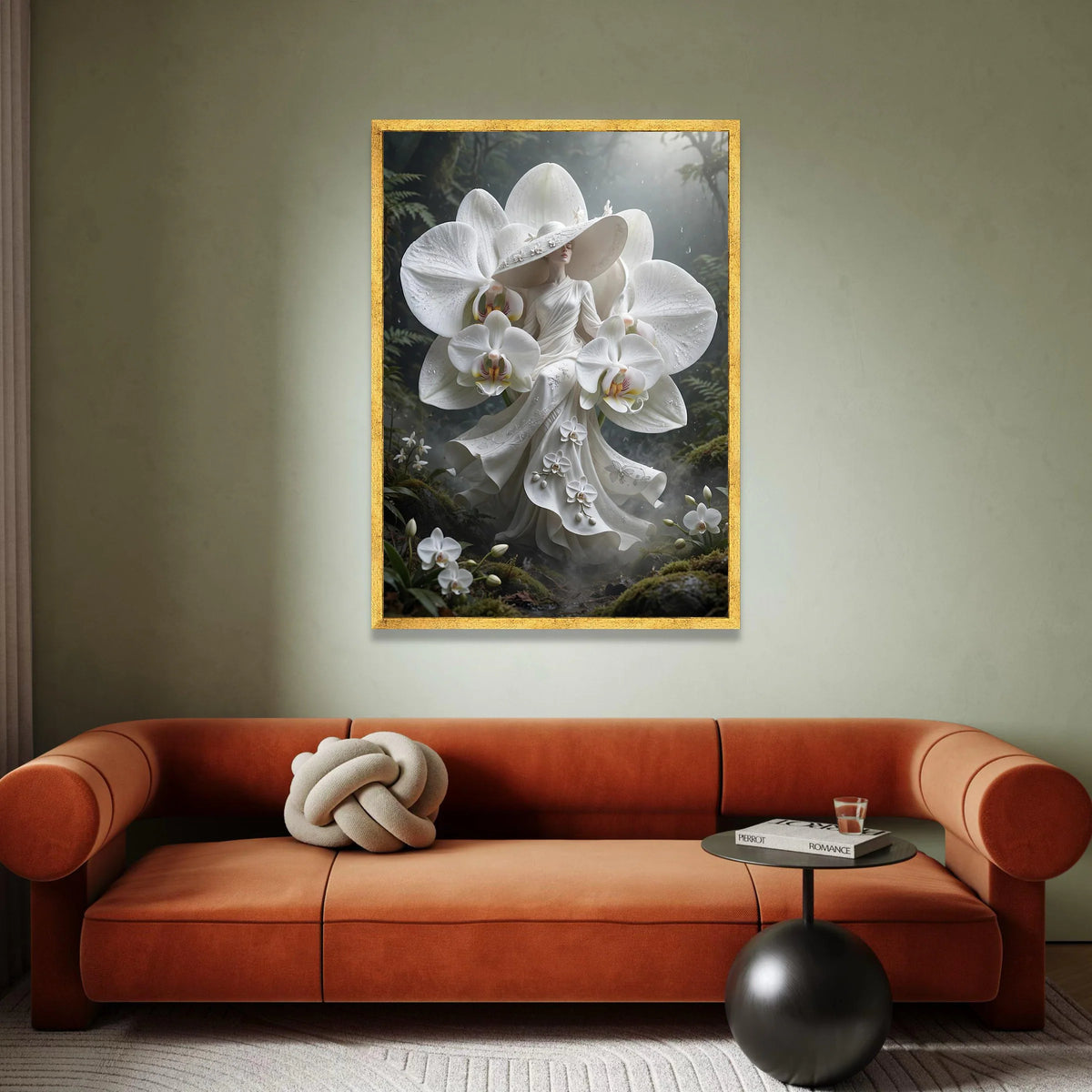 Elegant Woman White Orchid Dress Canvas Wall Art, Floral Fashion Illustration, Fantasy Garden Decor, Botanical Canvas Canvas Print Art