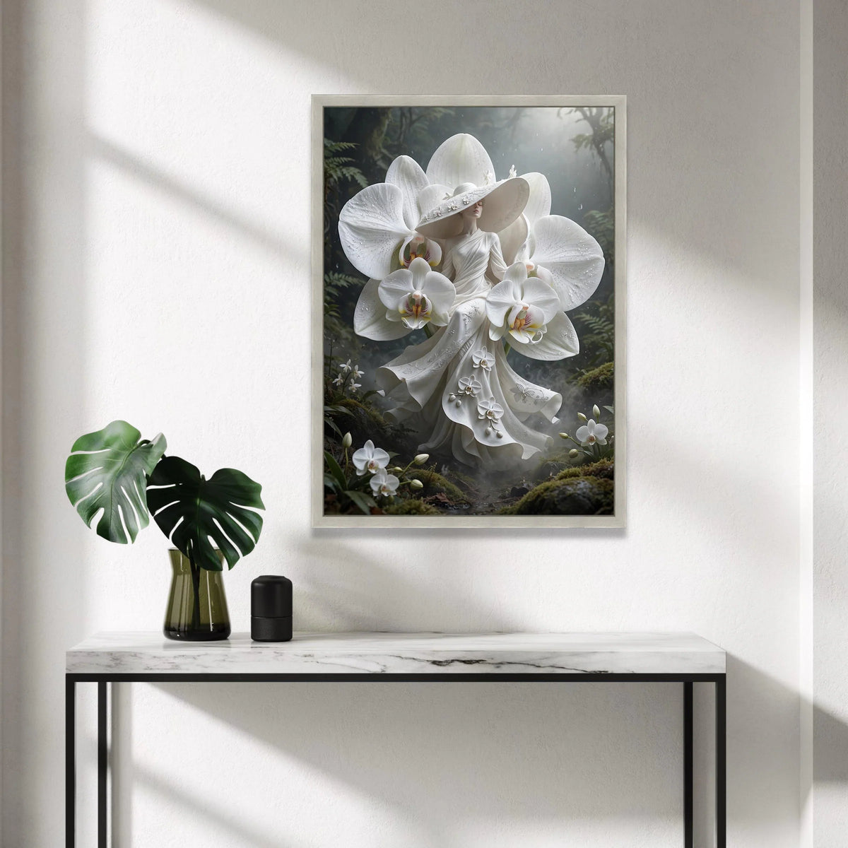 Elegant Woman White Orchid Dress Canvas Wall Art, Floral Fashion Illustration, Fantasy Garden Decor, Botanical Canvas Canvas Print Art