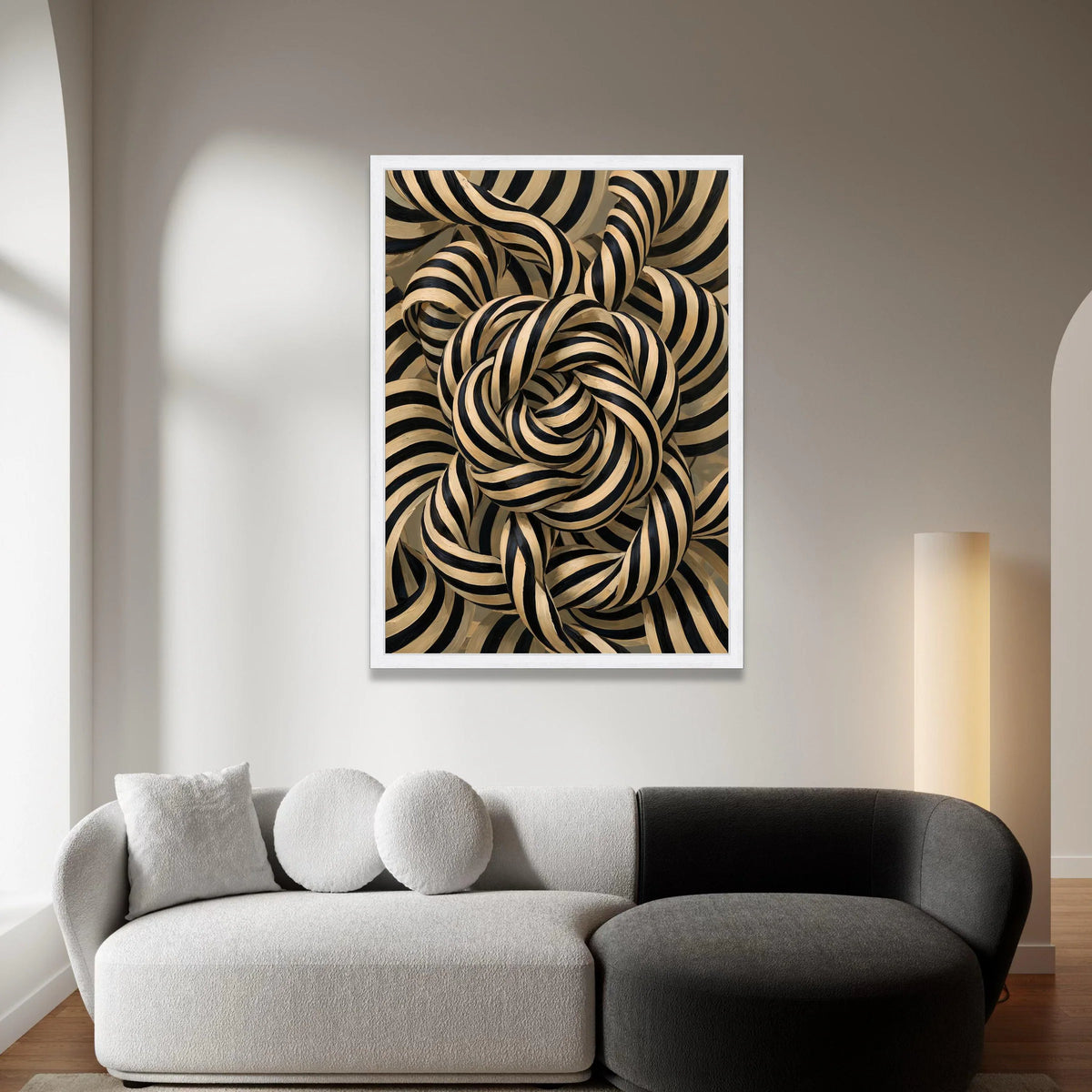 Black and Beige Striped Knot Canvas, Abstract Geometric Wall Art, Modern Home Decoration, Patterned Canvas Design, Ready to Canvas Print Art