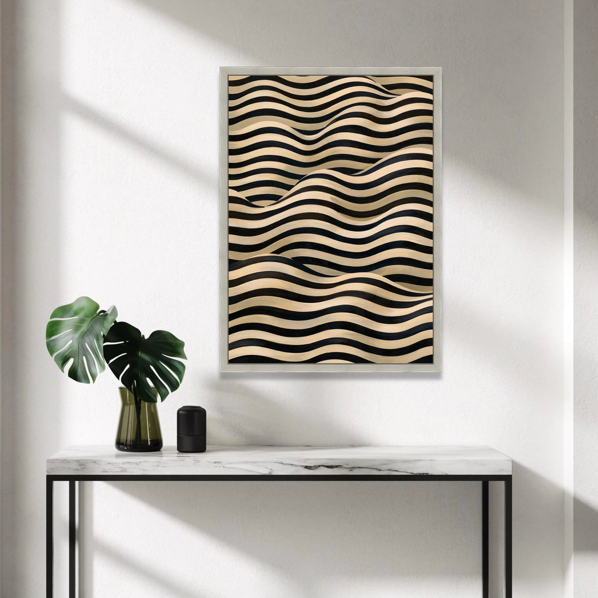 Modern Wave Stripes Canvas Wall Art, Abstract Black and Beige Lines, Minimalist Home Decoration, Contemporary Canvas Design Canvas Print Art