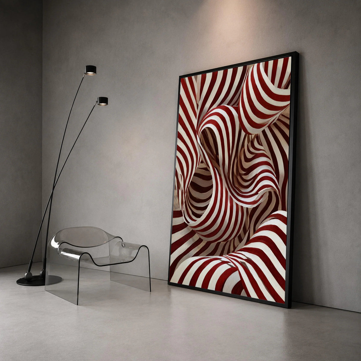 Dynamic Red and White Stripes Canvas, Abstract Swirling Pattern Wall Art, Modern Optical Illusion Design, Bold Home Decor Canvas Print Art