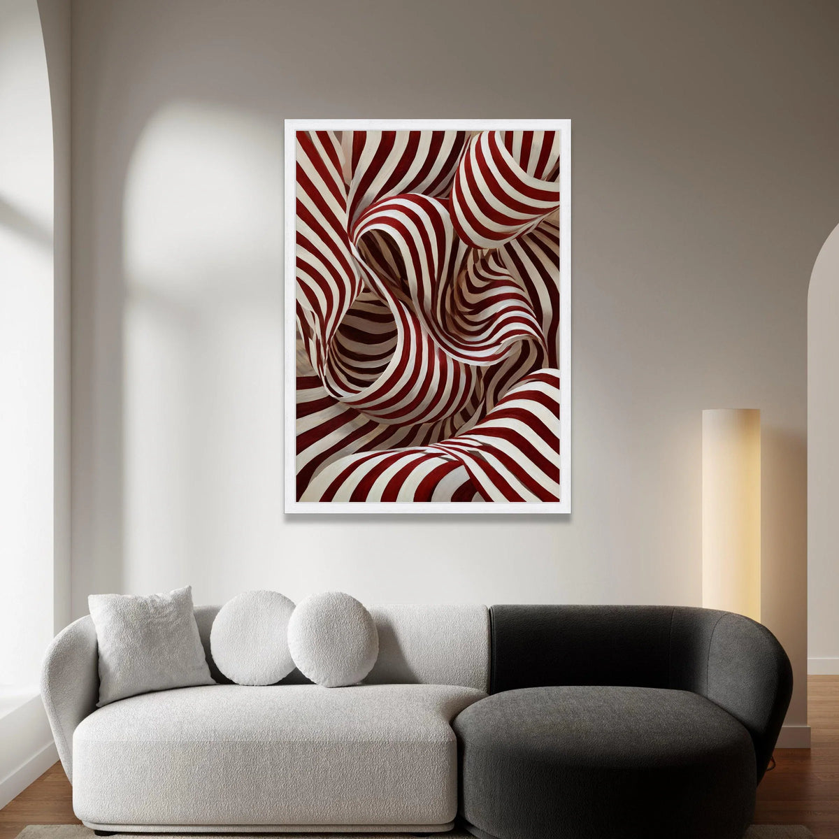 Dynamic Red and White Stripes Canvas, Abstract Swirling Pattern Wall Art, Modern Optical Illusion Design, Bold Home Decor Canvas Print Art
