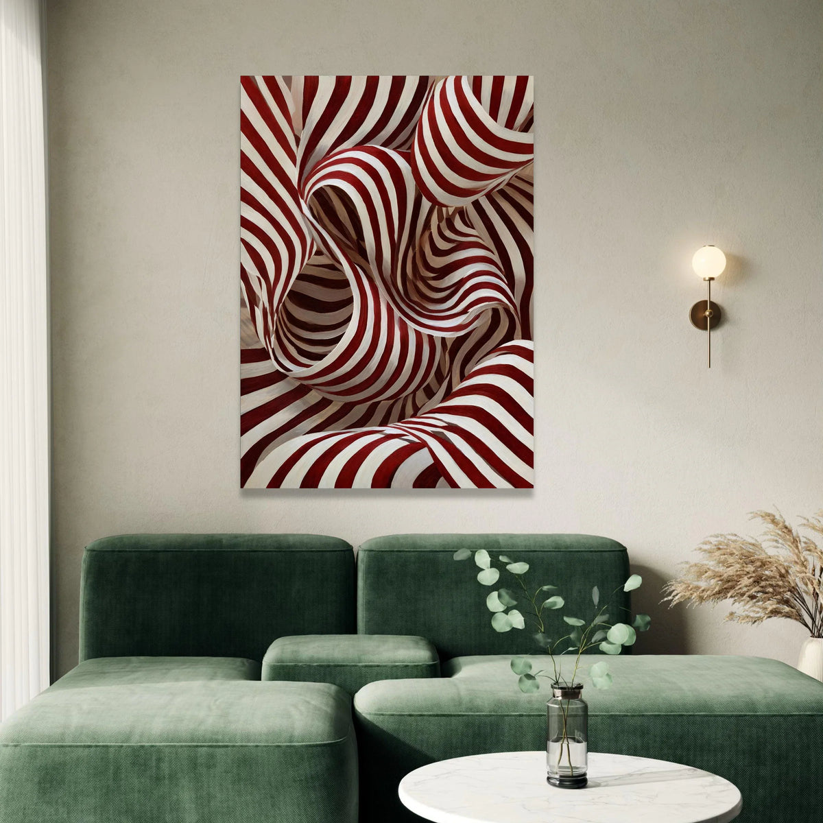 Dynamic Red and White Stripes Canvas, Abstract Swirling Pattern Wall Art, Modern Optical Illusion Design, Bold Home Decor Canvas Print Art