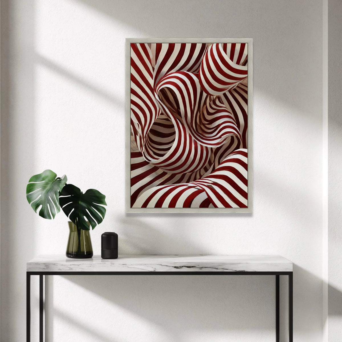 Dynamic Red and White Stripes Canvas, Abstract Swirling Pattern Wall Art, Modern Optical Illusion Design, Bold Home Decor Canvas Print Art
