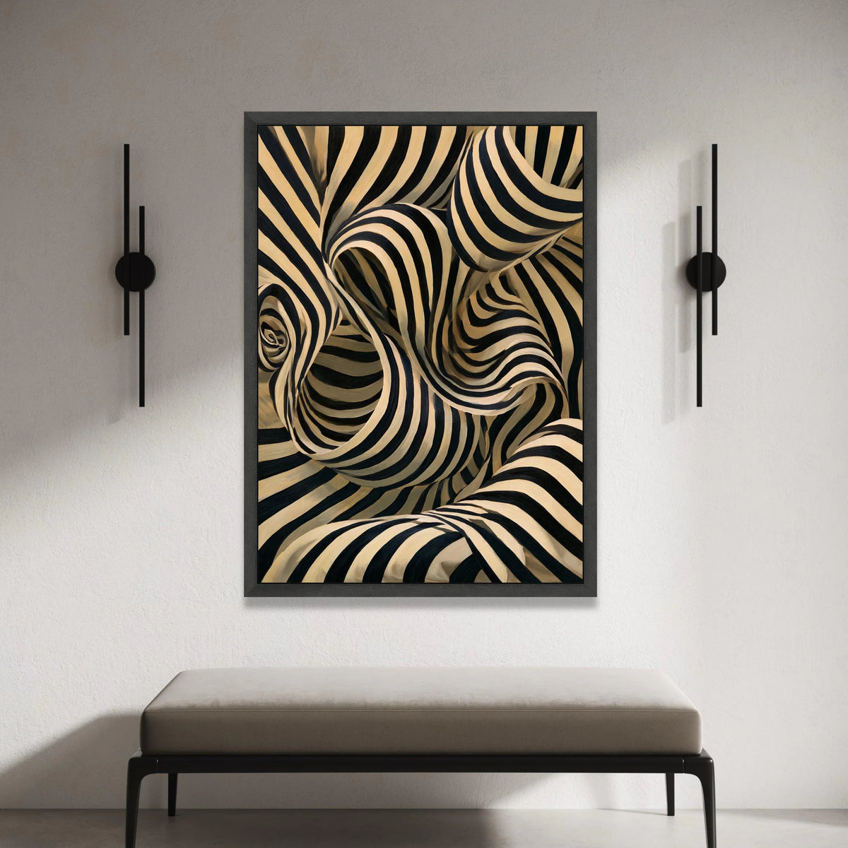 Abstract Black and Beige Striped Design, Modern Optical Illusion Canvas, Contemporary Wall Art for Home, Dynamic Decorative Canvas Print Art