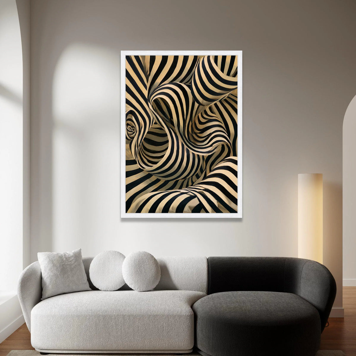 Abstract Black and Beige Striped Design, Modern Optical Illusion Canvas, Contemporary Wall Art for Home, Dynamic Decorative Canvas Print Art