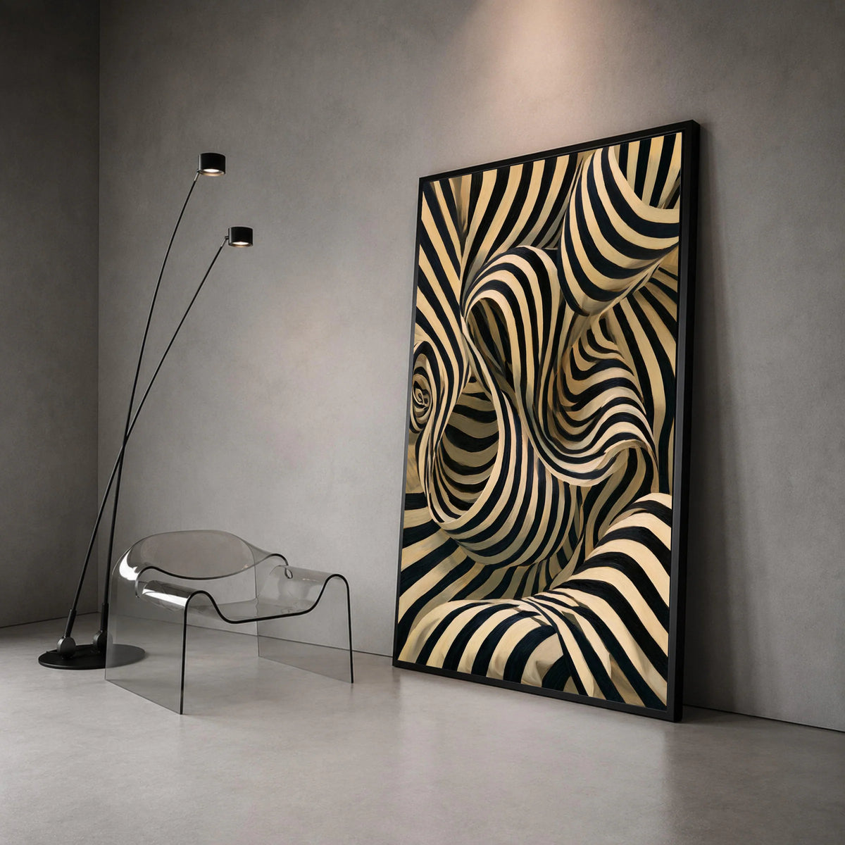 Abstract Black and Beige Striped Design, Modern Optical Illusion Canvas, Contemporary Wall Art for Home, Dynamic Decorative Canvas Print Art