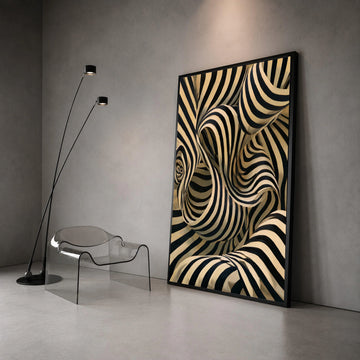 Abstract Black and Beige Striped Design, Modern Optical Illusion Canvas, Contemporary Wall Art for Home, Dynamic Decorative Canvas Print Art