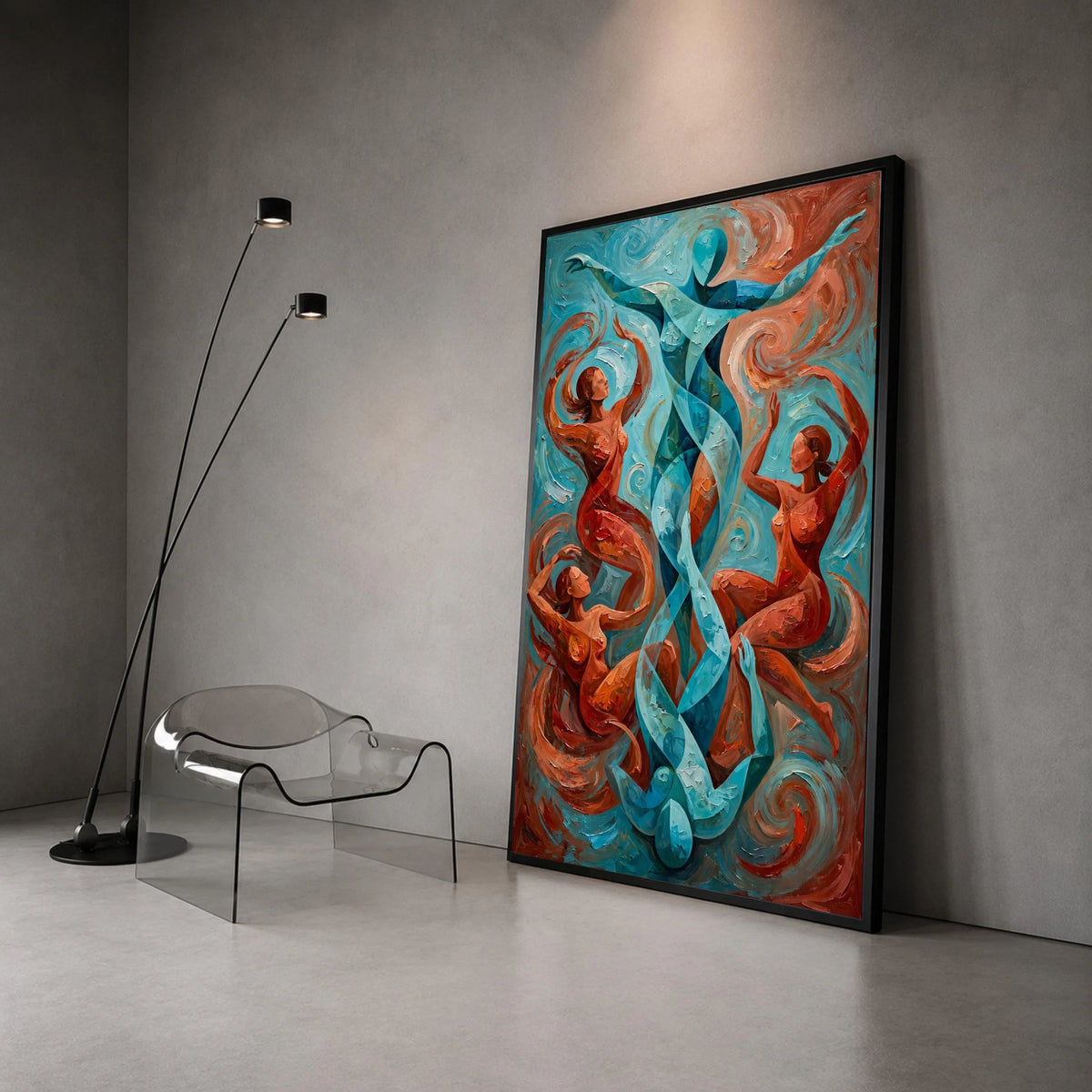 Abstract Dance of Figures Canvas, Modern Fluid Art, Blue and Orange Wall Art, Contemporary Home Decoration, Artistic Canvas Print Art