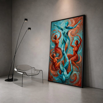 Abstract Dance of Figures Canvas, Modern Fluid Art, Blue and Orange Wall Art, Contemporary Home Decoration, Artistic Canvas Print Art