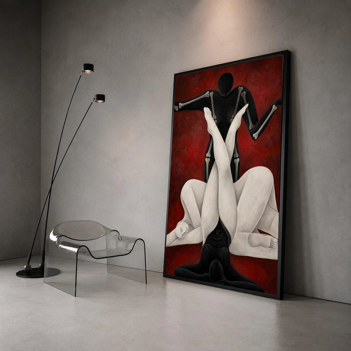 Abstract Human Forms Canvas, Modern Figurative Art, Black and White Body Silhouettes, Contemporary Wall Art, Red Background Canvas Print Art