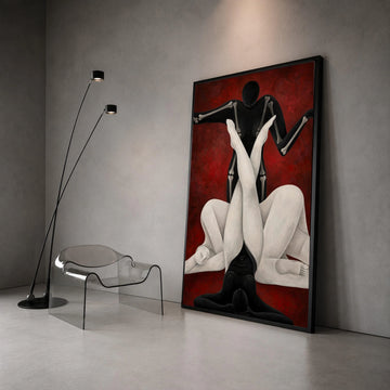 Abstract Human Forms Canvas, Modern Figurative Art, Black and White Body Silhouettes, Contemporary Wall Art, Red Background Canvas Print Art