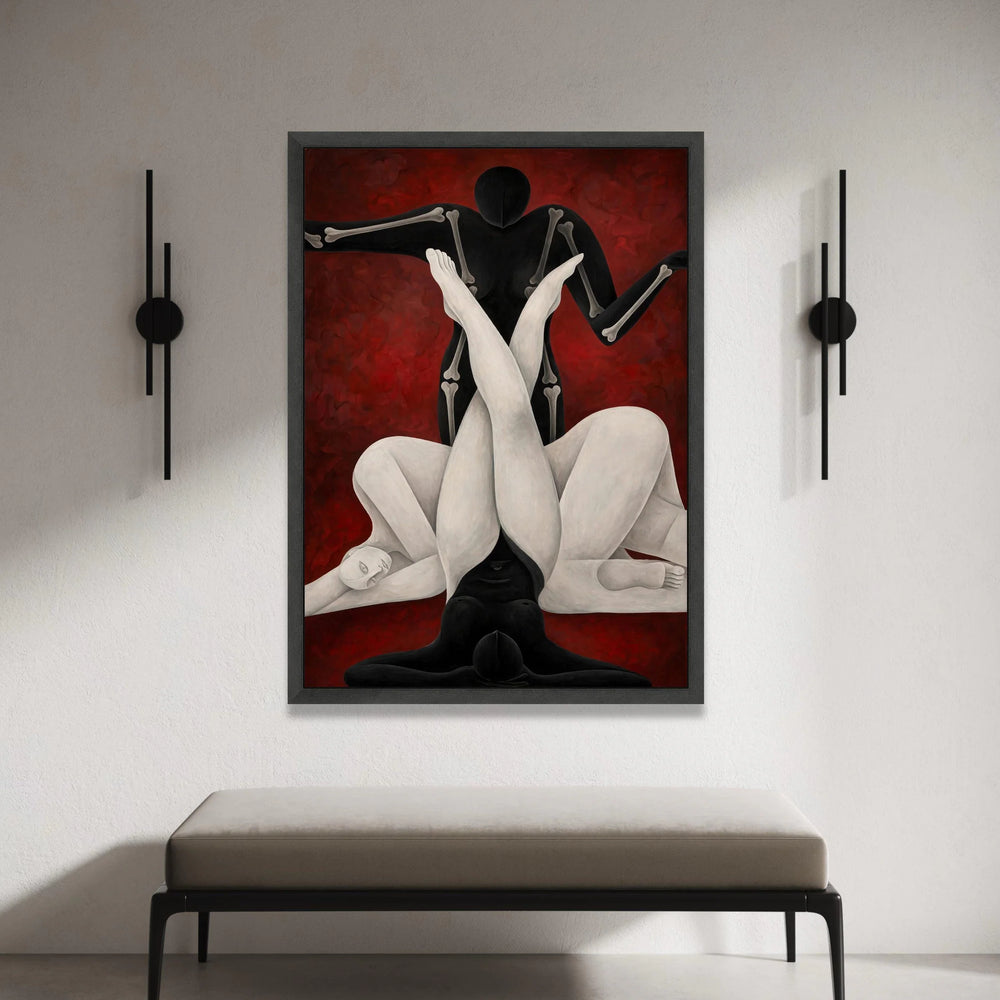 Abstract Human Forms Canvas, Modern Figurative Art, Black and White Body Silhouettes, Contemporary Wall Art, Red Background Canvas Print Art