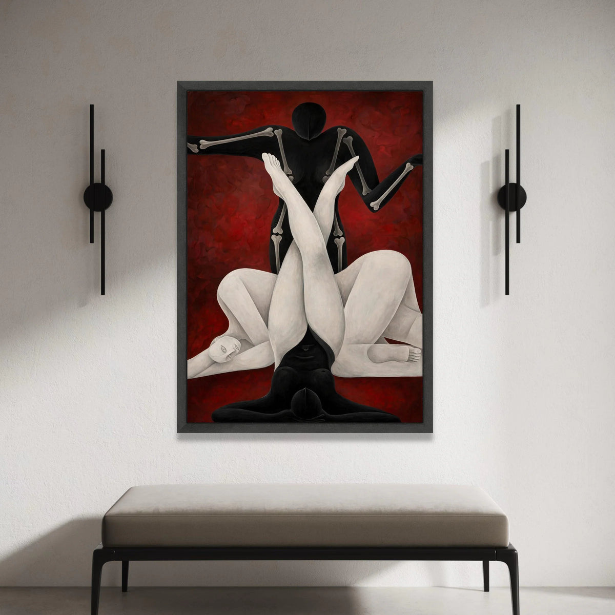 Abstract Human Forms Canvas, Modern Figurative Art, Black and White Body Silhouettes, Contemporary Wall Art, Red Background Canvas Print Art