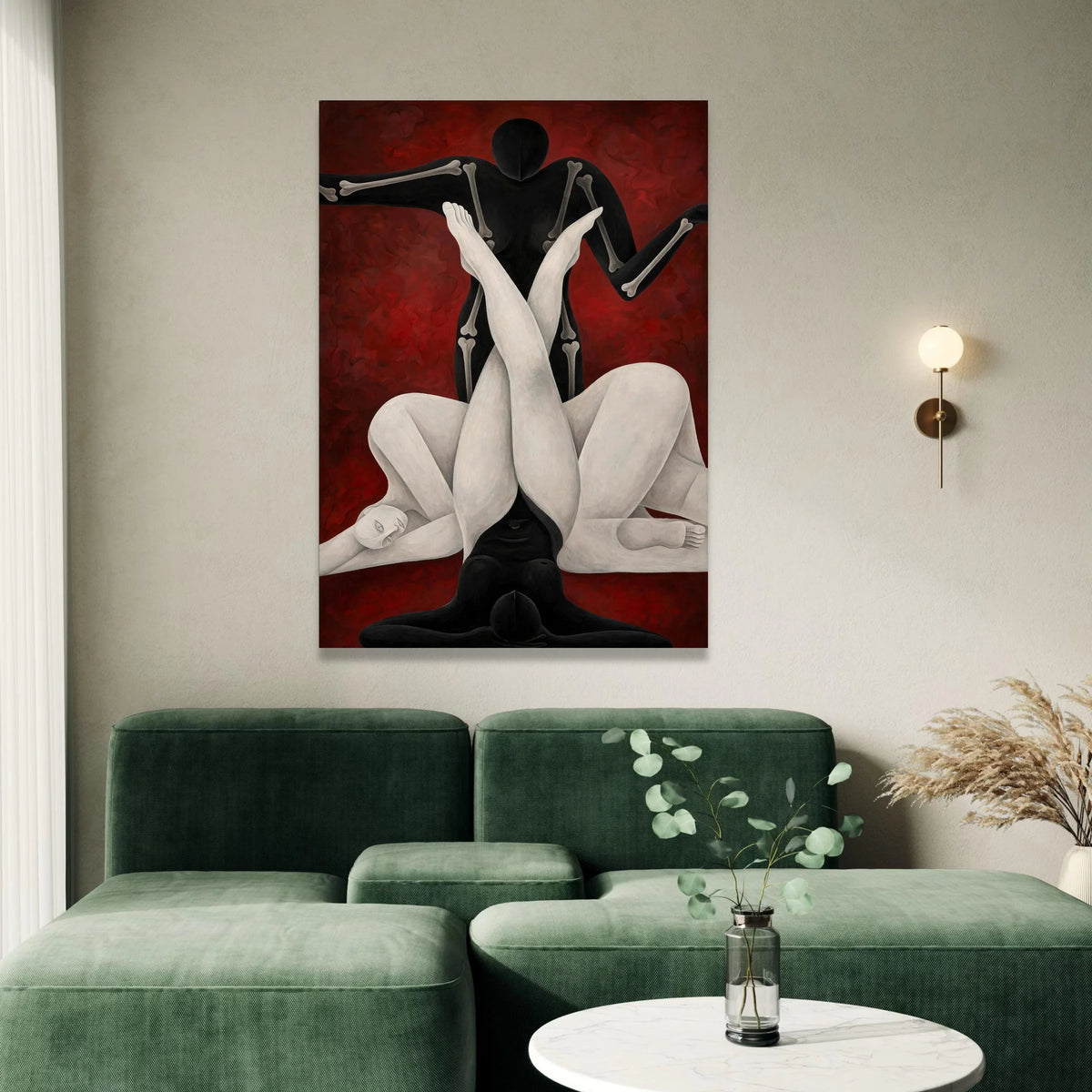 Abstract Human Forms Canvas, Modern Figurative Art, Black and White Body Silhouettes, Contemporary Wall Art, Red Background Canvas Print Art
