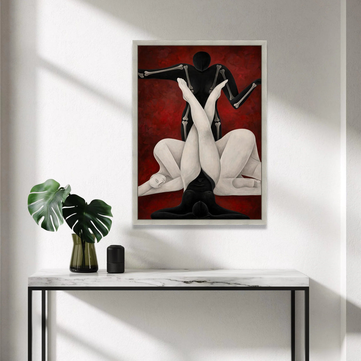 Abstract Human Forms Canvas, Modern Figurative Art, Black and White Body Silhouettes, Contemporary Wall Art, Red Background Canvas Print Art