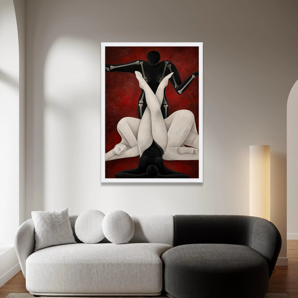 Abstract Human Forms Canvas, Modern Figurative Art, Black and White Body Silhouettes, Contemporary Wall Art, Red Background Canvas Print Art