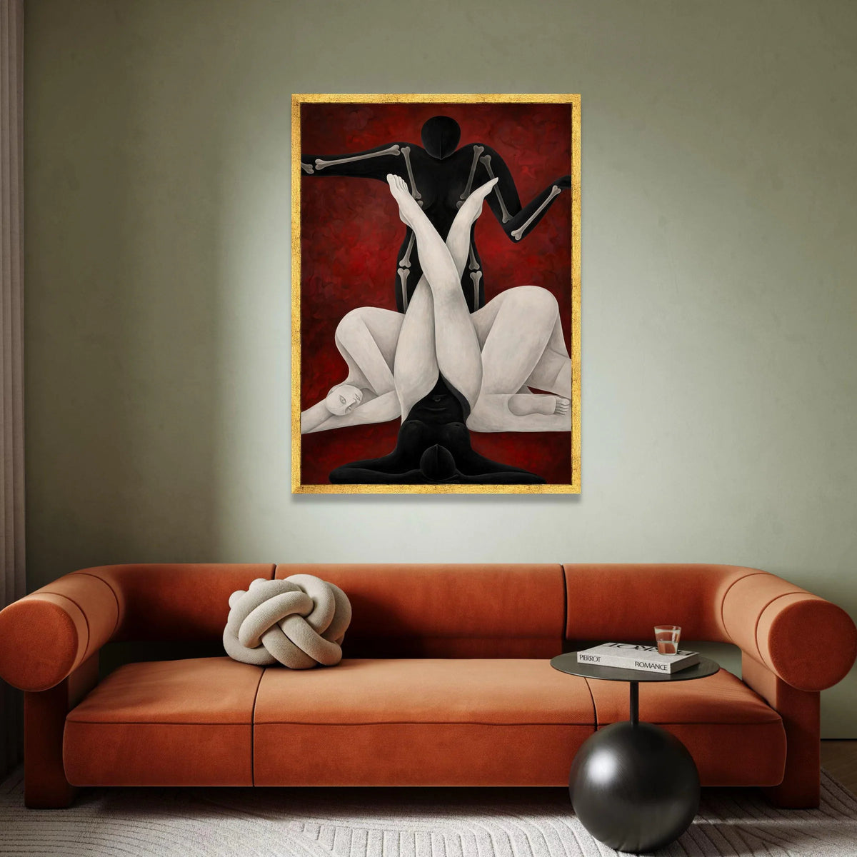 Abstract Human Forms Canvas, Modern Figurative Art, Black and White Body Silhouettes, Contemporary Wall Art, Red Background Canvas Print Art