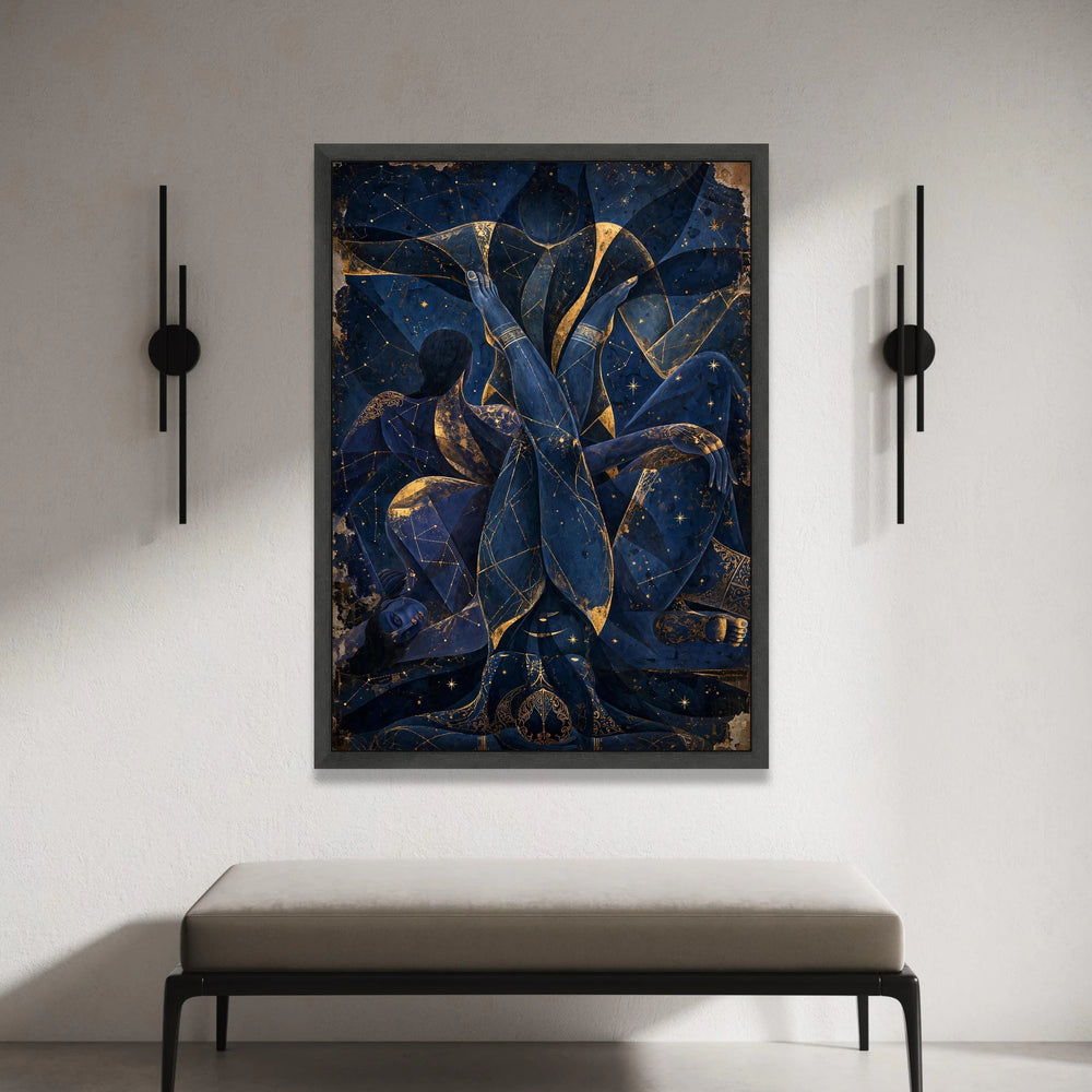 Celestial Embrace Canvas Wall Art, Abstract Blue Figure Painting, Star Constellation Decor, Mystical Night Sky Canvas, Canvas Print Art