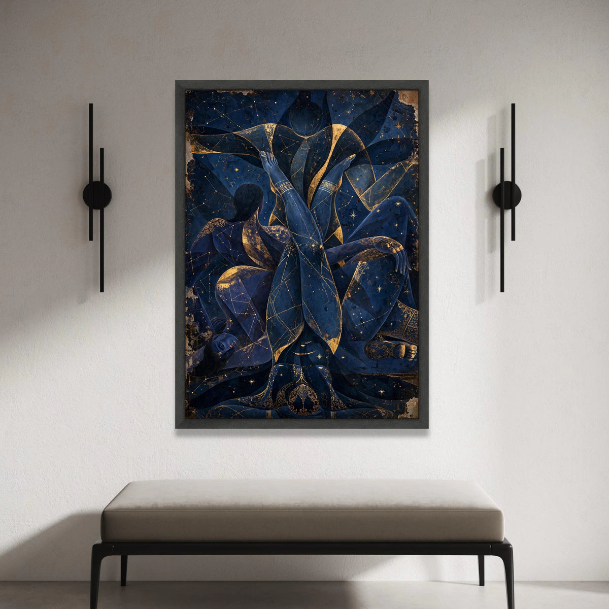 Celestial Embrace Canvas Wall Art, Abstract Blue Figure Painting, Star Constellation Decor, Mystical Night Sky Canvas, Canvas Print Art