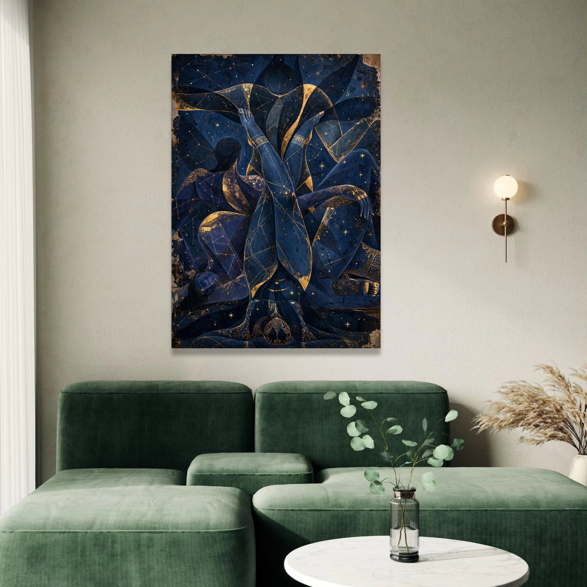 Celestial Embrace Canvas Wall Art, Abstract Blue Figure Painting, Star Constellation Decor, Mystical Night Sky Canvas, Canvas Print Art