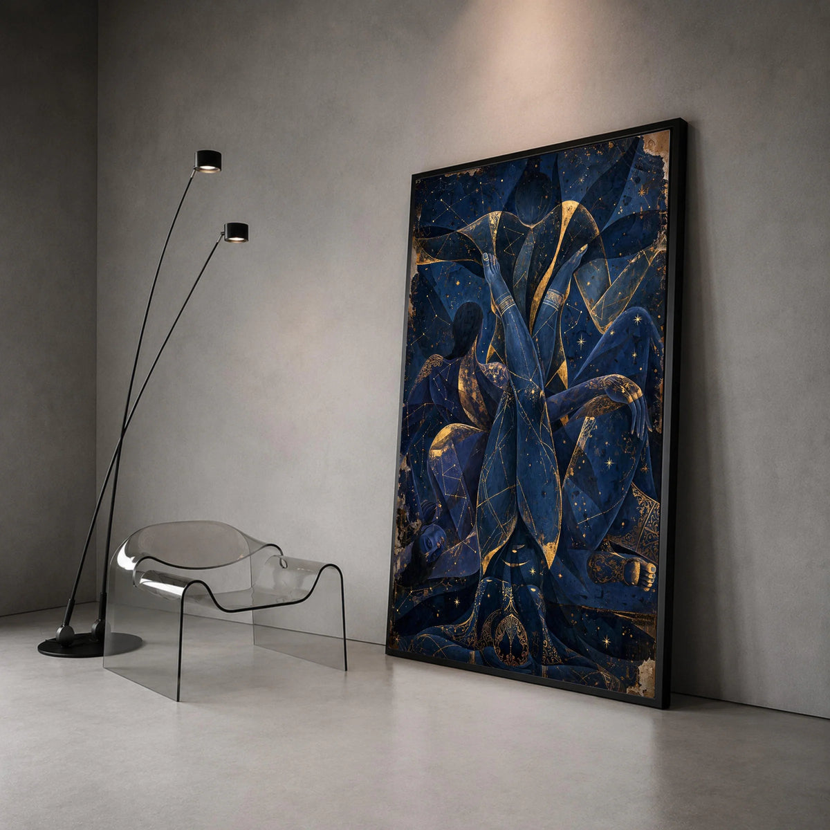 Celestial Embrace Canvas Wall Art, Abstract Blue Figure Painting, Star Constellation Decor, Mystical Night Sky Canvas, Canvas Print Art