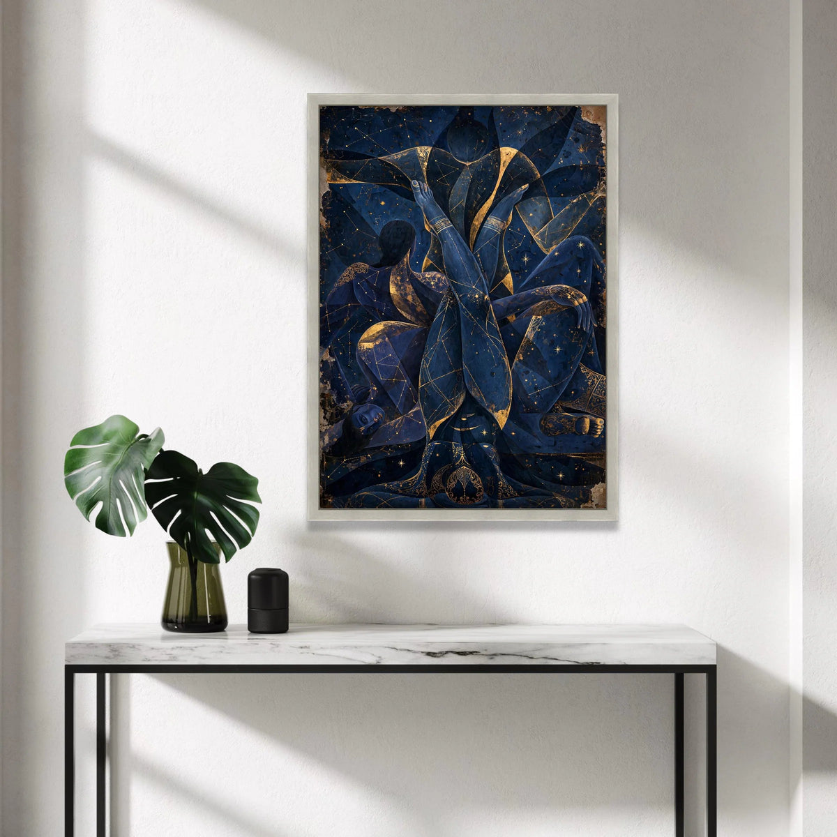 Celestial Embrace Canvas Wall Art, Abstract Blue Figure Painting, Star Constellation Decor, Mystical Night Sky Canvas, Canvas Print Art
