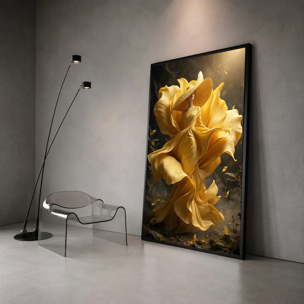 Elegant Woman Flowing Yellow Dress Canvas, Floral Fashion Wall Art, Surreal Nature Portrait, Stylish Home Decoration Canvas Canvas Print Art