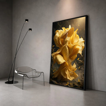 Elegant Woman Flowing Yellow Dress Canvas, Floral Fashion Wall Art, Surreal Nature Portrait, Stylish Home Decoration Canvas Canvas Print Art