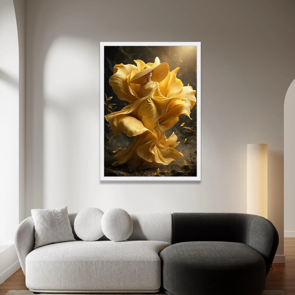 Elegant Woman Flowing Yellow Dress Canvas, Floral Fashion Wall Art, Surreal Nature Portrait, Stylish Home Decoration Canvas Canvas Print Art