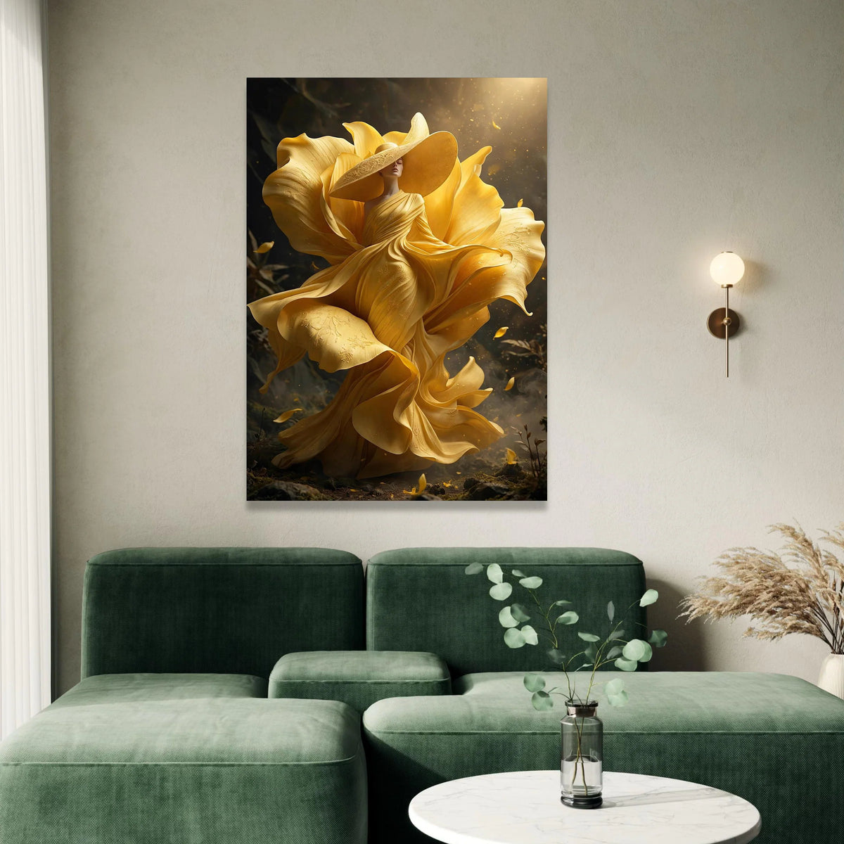 Elegant Woman Flowing Yellow Dress Canvas, Floral Fashion Wall Art, Surreal Nature Portrait, Stylish Home Decoration Canvas Canvas Print Art