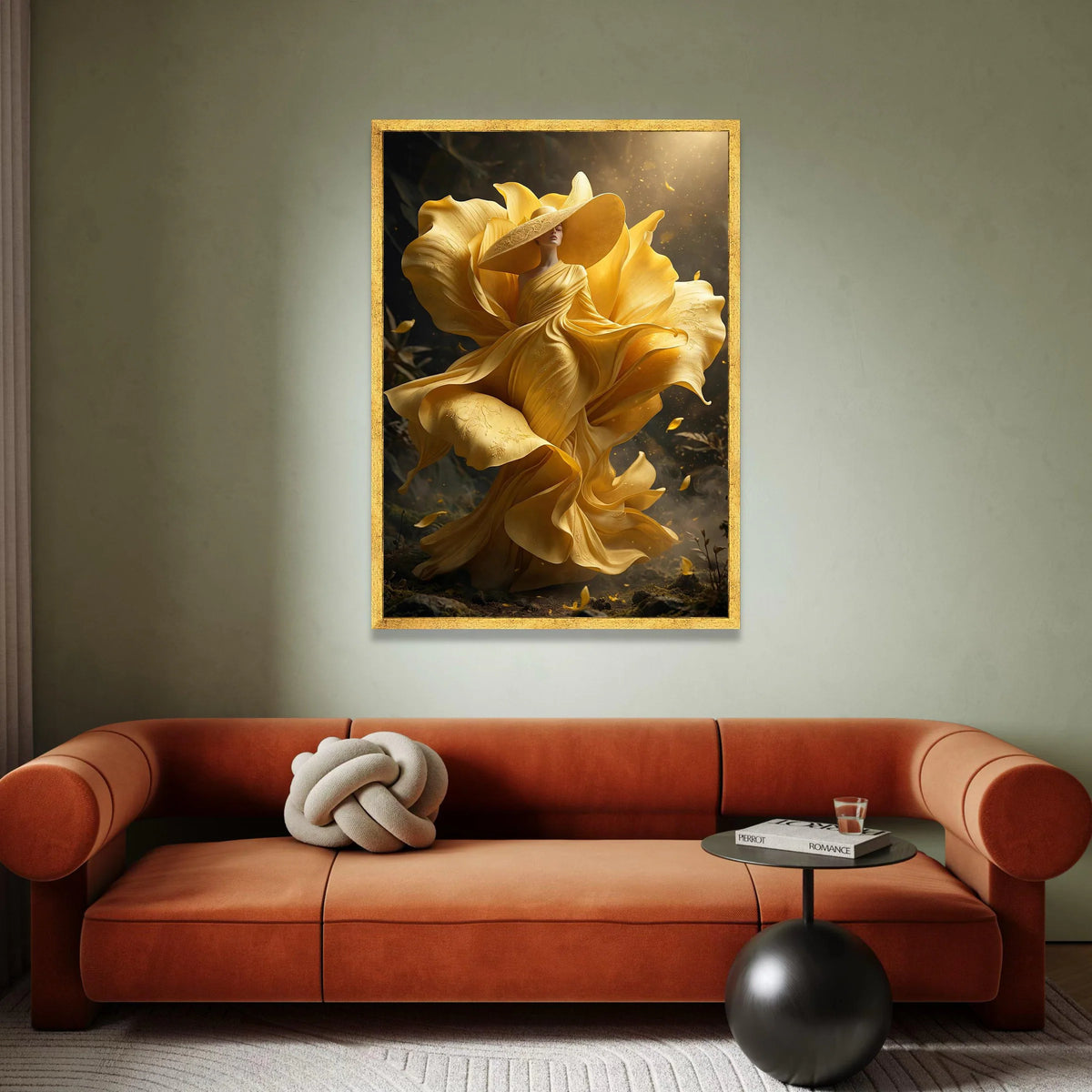 Elegant Woman Flowing Yellow Dress Canvas, Floral Fashion Wall Art, Surreal Nature Portrait, Stylish Home Decoration Canvas Canvas Print Art