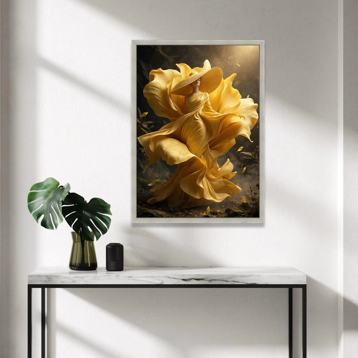 Elegant Woman Flowing Yellow Dress Canvas, Floral Fashion Wall Art, Surreal Nature Portrait, Stylish Home Decoration Canvas Canvas Print Art
