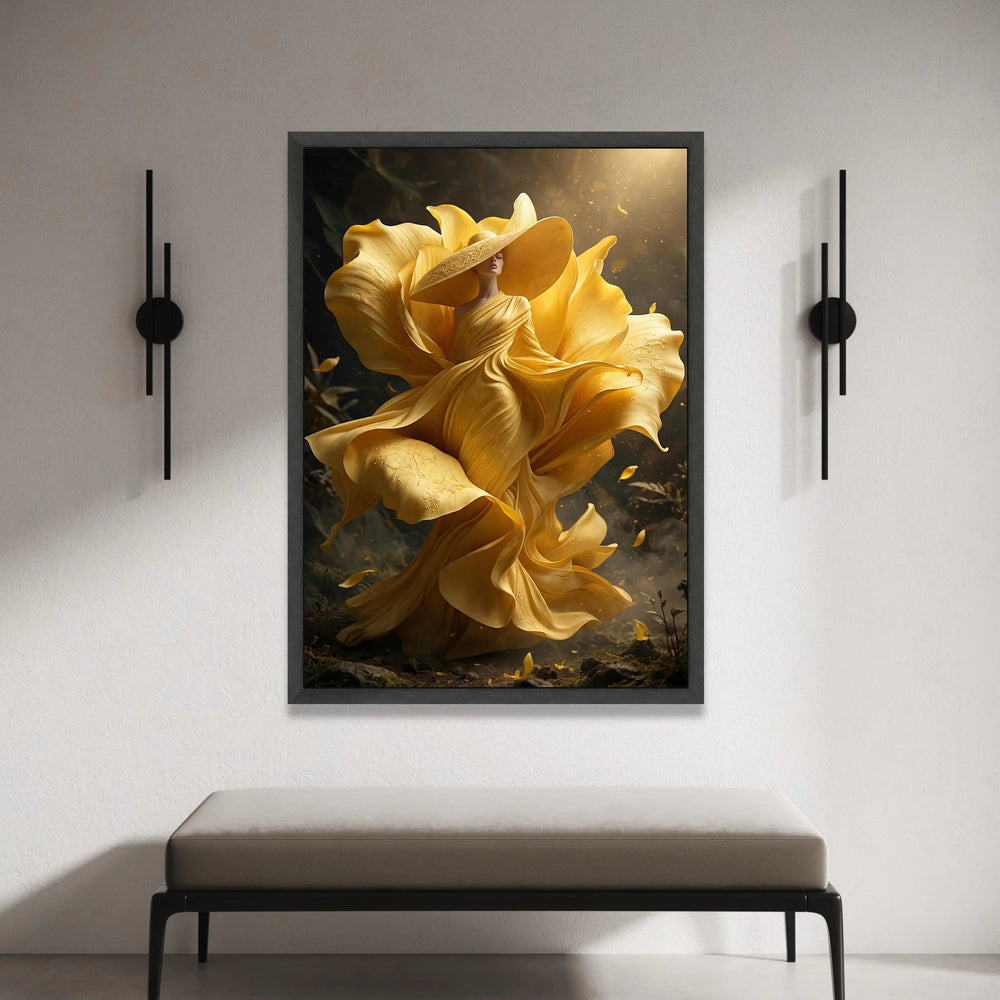 Elegant Woman Flowing Yellow Dress Canvas, Floral Fashion Wall Art, Surreal Nature Portrait, Stylish Home Decoration Canvas Canvas Print Art